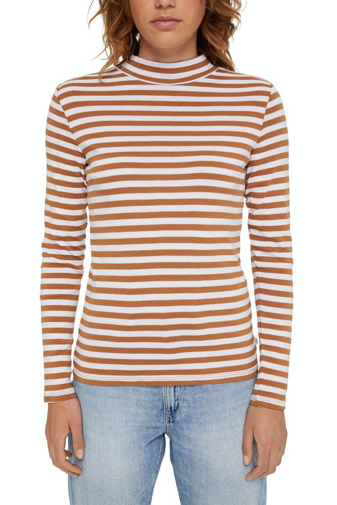 Esprit Long Sleeve Mock Neck Striped Organic Basic Tee in Camel/White-The Trendy Walrus