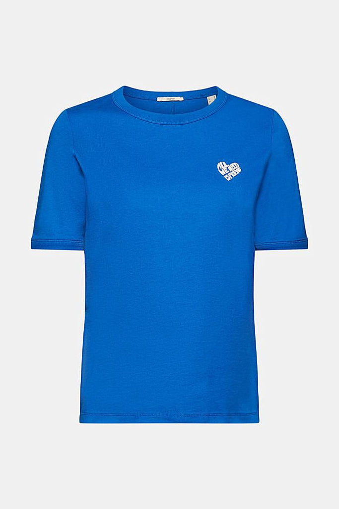 Esprit Short Sleeve Heart Print Crew Neck Tee In Blue-The Trendy Walrus