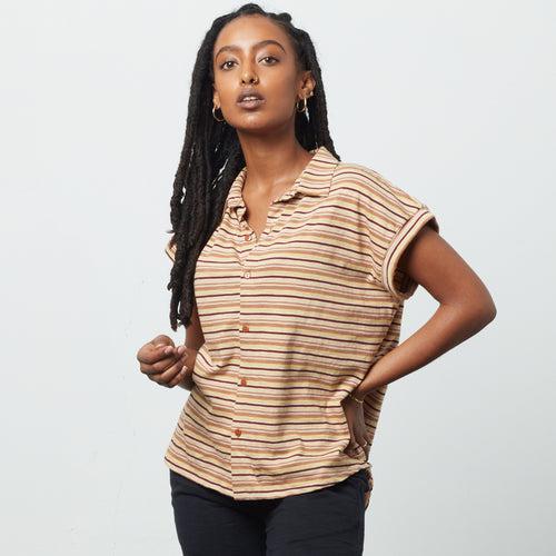 Known Supply Thelma Button Front Stripe Tee in Goldfinch-The Trendy Walrus