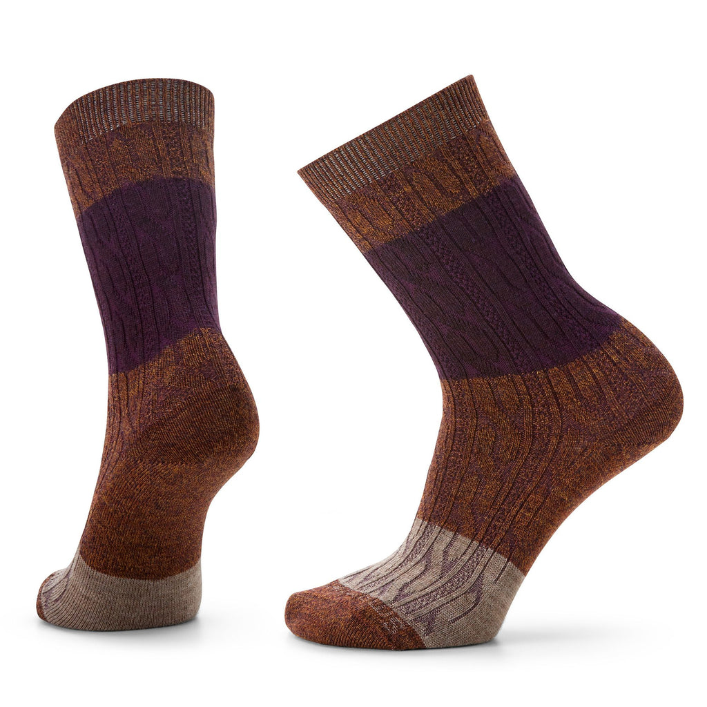 Smartwool Womens Everyday Color Block Cable Crew Socks In Acorn-Bordeaux Marl-The Trendy Walrus